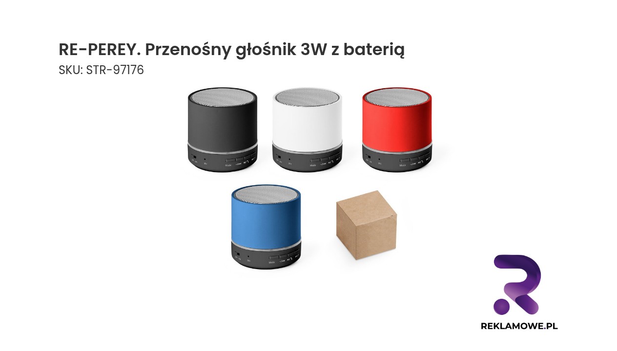RE-PEREY. Przenośny głośnik 3W z baterią o żywotności 4h30m w ABS pochodzącego z recyklingu (100% rABS) RE-PEREY przenośny głośnik 3W z baterią - mobilny głośnik bezprzewodowy