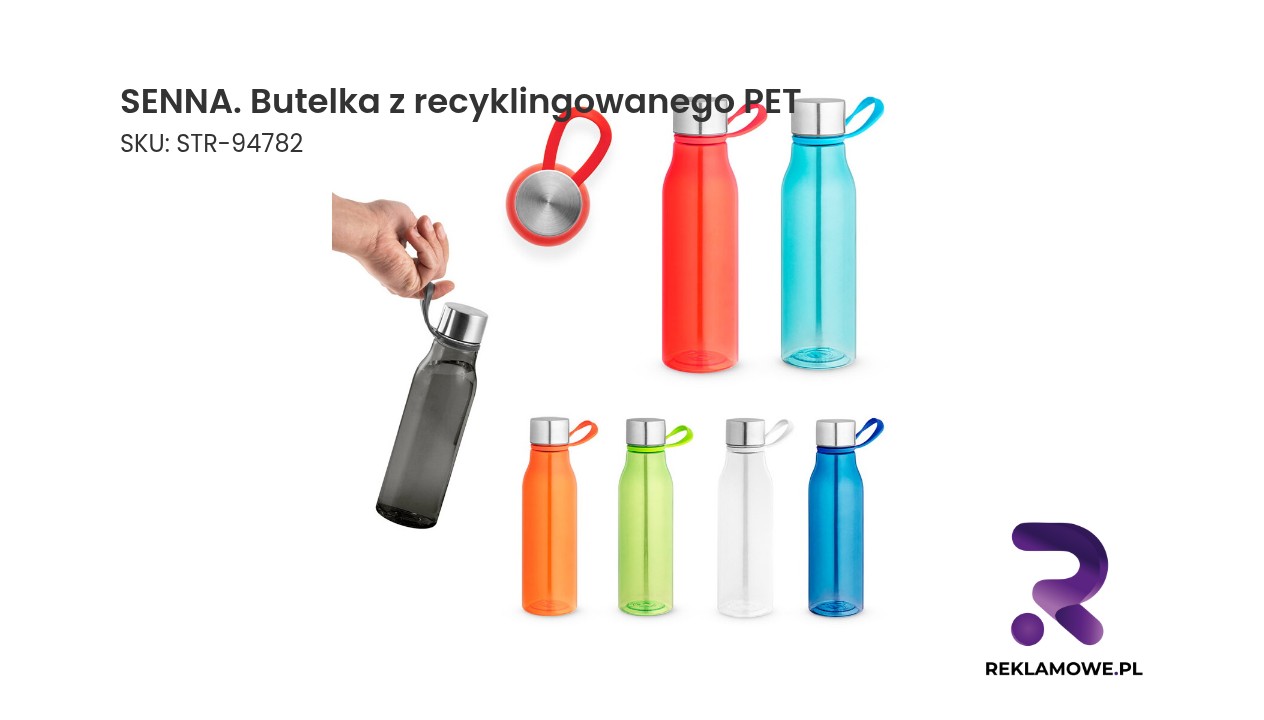 SENNA. Butelka z recyklingowanego PET (100% rPET) z błyszczącym, półprzezroczystym wykończeniem SENNA butelka z recyklingowanego PET – ekologiczna butelka wielokrotnego użytku